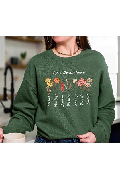 Flowers in Row Printed 2 Thread Threaded Crew Neck Sweatshirt