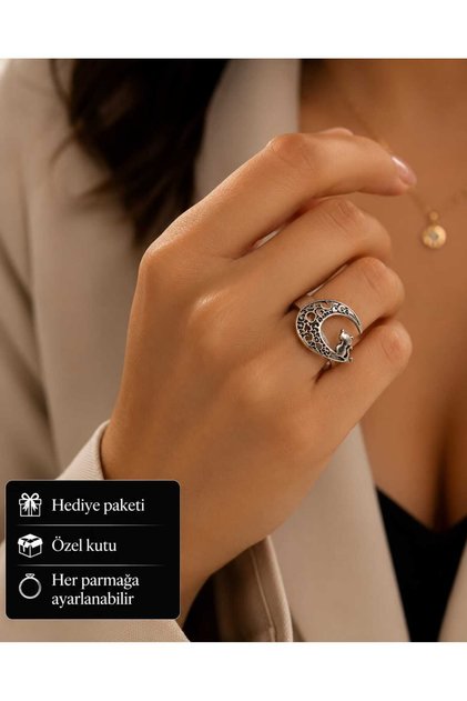 Authentic Design Adjustable Silver Color Women's Ring with Moon and Cat Figures – Elegant and Meaningful Gift t