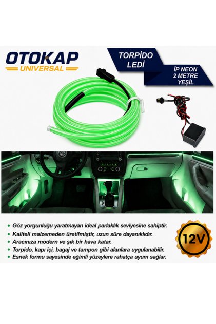 Araç Içi Torpido Ledi Şerit Led Ip Neon Yesil 2 Metre Ambiyans Aydınlatma Dekoratif Led Universal Tüm Araçlara Uyumlu