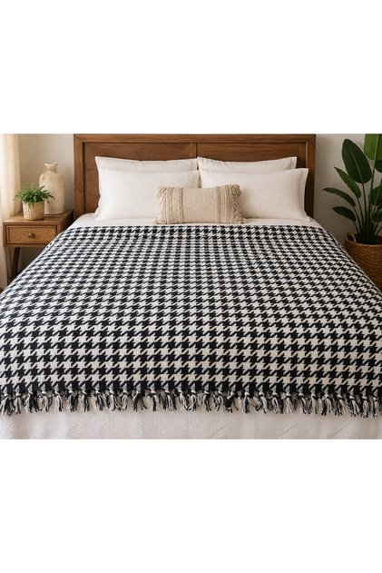 Buldan Cotton Houndstooth Pattern Anthracite Double Bedspread & Pique