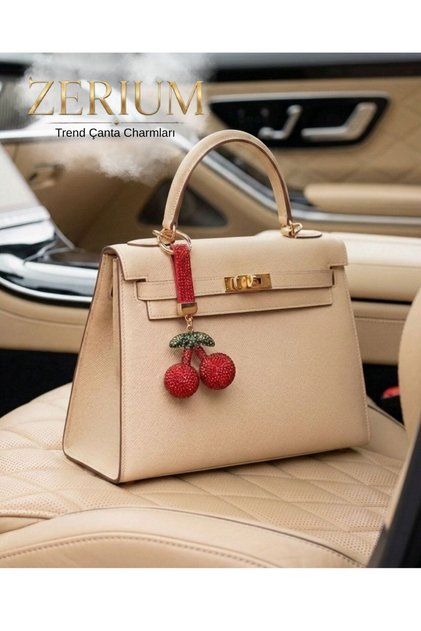 Trend Bag Charm and Ornament Keychain with Crystal Stones and Cherry Figure Premium