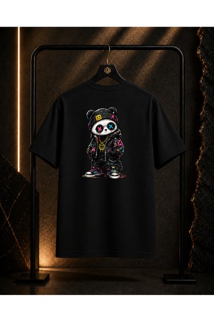 Unisex Street Panda Back and Front Printed 100% Cotton Oversize Crew Neck Short Sleeve T-Shirt Black