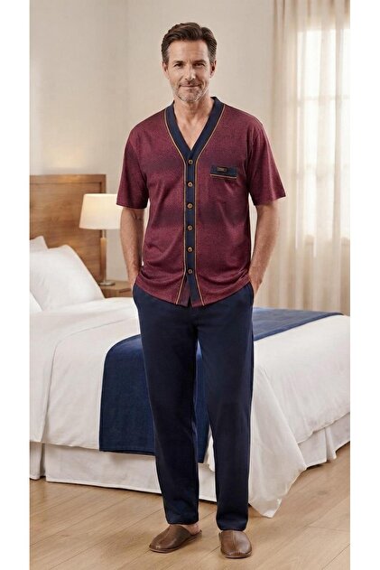 Kly 2227 100% Cotton Buttoned Collarless Half Sleeve 3-Piece Pajama Set
