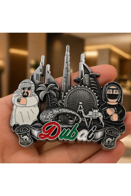 Premium Dubai City Metal Fridge Decor, UAE Skyline with Burj Khalifa & Palm Tree, Cute Traditional Characters, Photo Clip Display for Home & Kitchen, Ideal Holiday Gift for Friends.