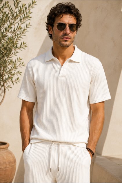 Men's Polo Neck T-Shirt and Sweatpants Set Ottoman Fabric Patched Polo Neck T-Shirt and Baggy Fit Pants 2-Piece Summer Set Men's Polo Neck T-Shirt Sweatpants Set 2-Piece Set