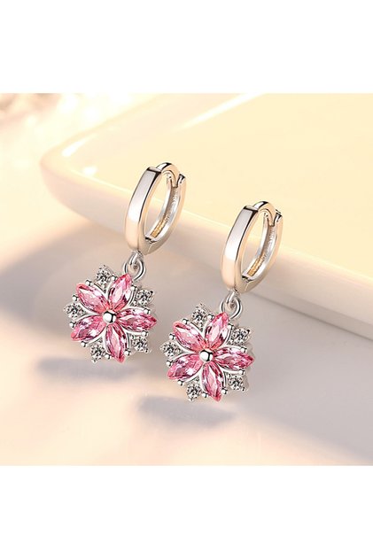 Silver Elegant 925 Sterling Silver Luxury Pink Flower Zirconia Earrings for Women's Wedding Party Ac
