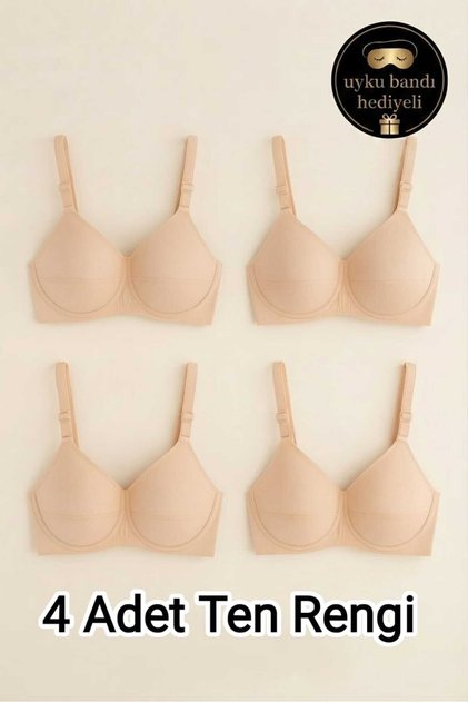 4-Pack Skin Color Women's Thin Sponge Non-Wired Comfortable Daily Bra Set - with Sleep Band as a Gift