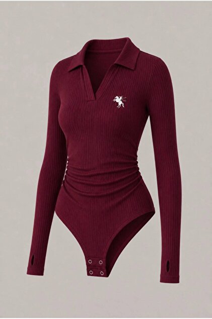 Burgundy Long Sleeve Ribbed Polo Collar