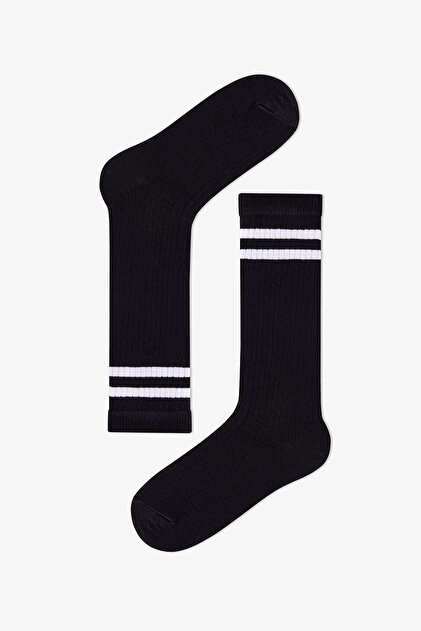 Girl's Black Sporty Black Ribbed Striped Cotton Trousers Socks