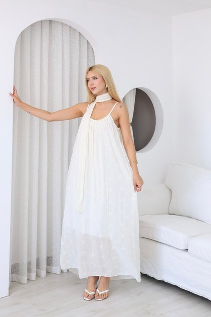 Strappy Linen Embroidered Dress with Scarf Detail White