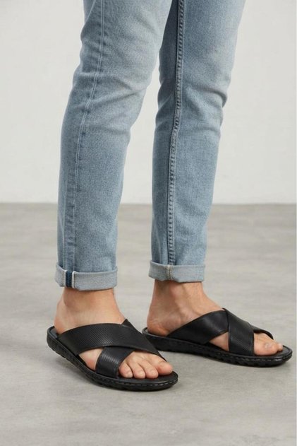 Emr 1806 Genuine Leather Men's Orthopedic Large Size Slippers