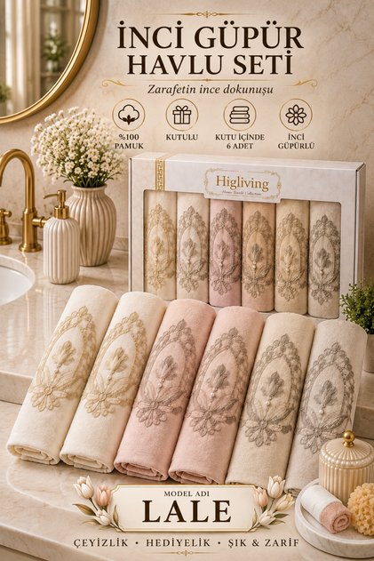 Pearl Laced Embroidered Gift Dowry Box for Bride and Groom, Boxed 100% Cotton Bath Towel Set 50X90 Size 6 Pieces