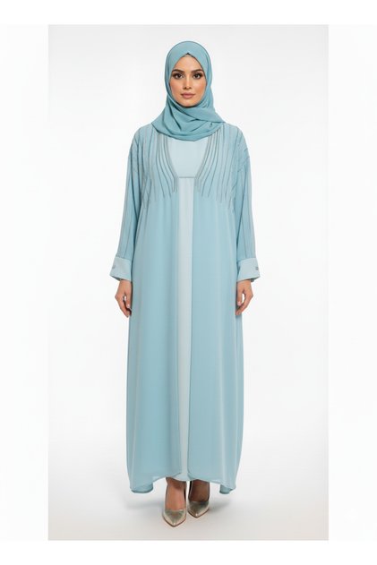 Rizqé Aqua Blue Chiffon Abaya | Silver Sequin Embellished Yoke | Flowing Butterfly Silhouette | Ethereal Occasion Wear
