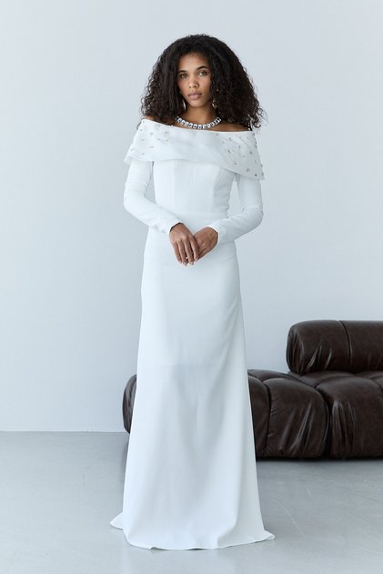 White Madonna Collar Beaded Embroidered Long Sleeve Evening Dress