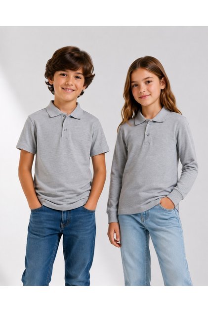 Girls & Boys Unisex Gray 100% Cotton Polo Collar Long and Short Sleeve 2-Piece T-Shirt