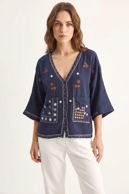 Women's Embroidered Pocket Detailed V-Neck Muslin Navy Blue Shirt