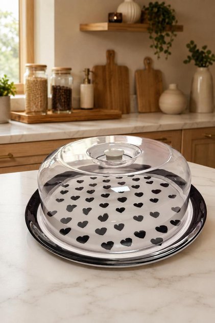 31 cm Covered Cake Dish – Transparent Serving Dish – Black Heart Patterned Cake and Dessert Presentation Plate