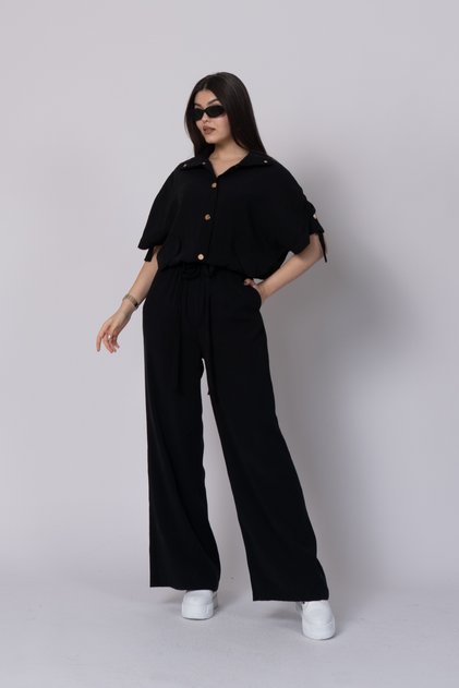 Women's Summer Black Trendy Suit Waist Tunnel Elastic Blouse and Pocketed Trousers 1196