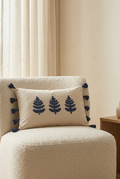 Buldan Handmade Tree Motif Embossed Punch Embroidered Tasseled Cotton Hidden Zipper Rectangular Throw Pillow Cover 35X55 cm