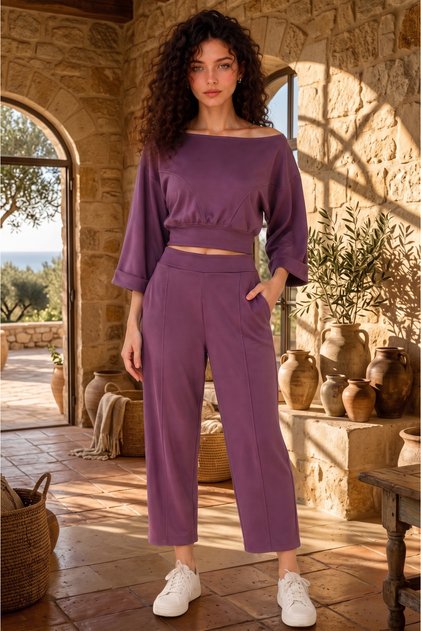 Women's Violet Color Modal Interlock Fabric Stitching Detailed Pocketed Elastic Waist Sweatpants Crop Sweat Top and Bottom Set