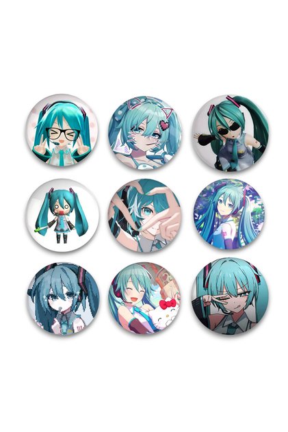 Hatsune Miku 44mm Buton Rozet Seti - 9'lu Vocaloid Anime Tasarımlı Metal Pin Seti