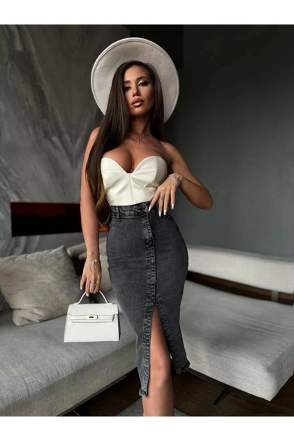 Yüksek Bel Fit Kesim Yırtmaç Detaylı Lycralı Denim Midi Etek