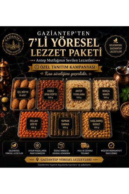 Gaziantep Yöresel Lezzetler 7'li Gurme Paket | İçli Köfte, Yuvalama, Ekşili Ufak Köfte, Mantı, Fellah Köfte, Sarma