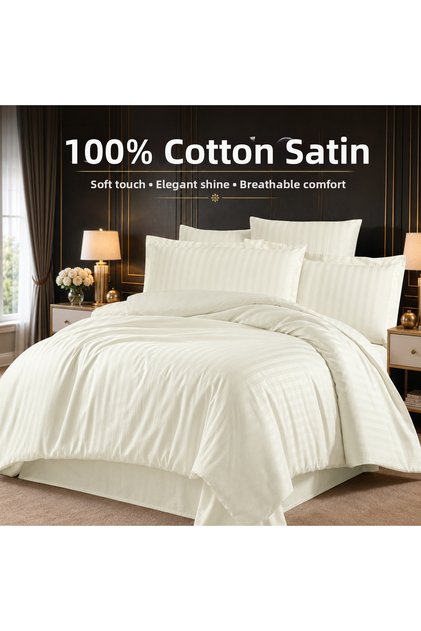 100% Cotton Satin Striped Double Duvet Cover Set - Cream