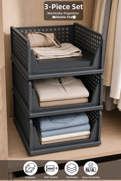 3-Tier Folding Organizer - Multi-Purpose Clothing Organizer, Foldable Storage Shelf for Inside the Closet, Anthracite