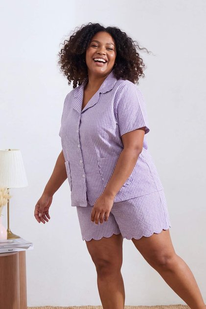 Lilac Checkered Piping Detailed Shirt Collar Woven Large Size Pajama Set Tbbss26Ai00053