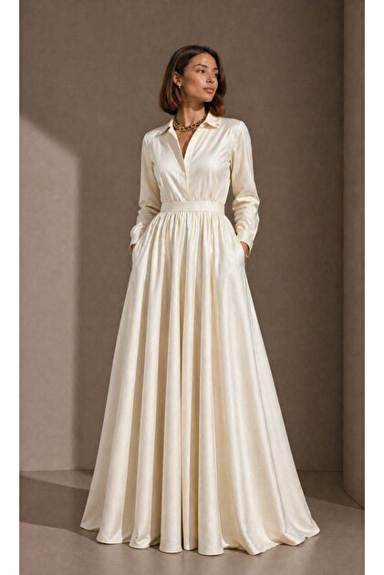 taffeta shirt dress 3/4 Sleeve Belted knee hem holds gentle structure UNTIMELY Ecru Long Taffeta Shirt
