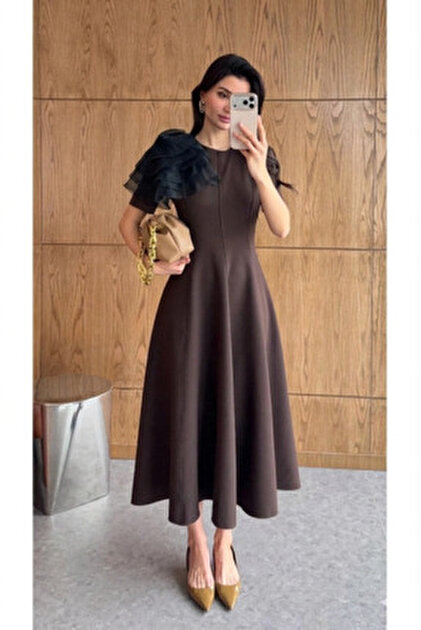 My Blog Brown Denim Dress with Ruffled Sleeves and Hem and Belt - 35544-  Trendyol