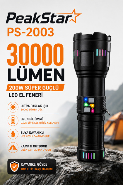 PeakStar PS-2003 Ultra Parlak Su Geçirmez Zoomlu Güçlü 200w 30000