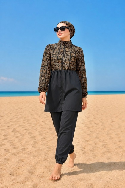 Etnik Beli Ayarlanabilir Lastikli Su İtici Kumaştan 3lü Tam Kapalı Tesettür Mayo Beachwear Burkini