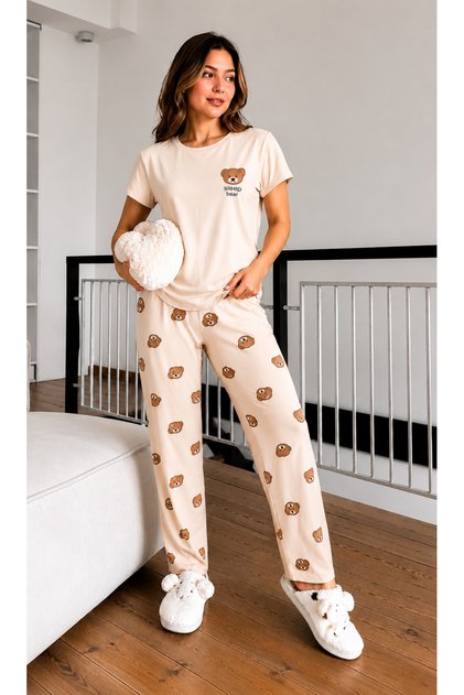 Ayıcık Desenli Kadın Kısa Kollu Pijama Takımı Rahat Kesim Ev Giyim Seti