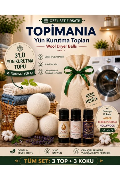 3 Adet Xxxl Doğal Yerli Üretim Çamaşır Yün Kurutma Topu- 3 Adet 10 ml Koku - Kurutma Makinesi Için