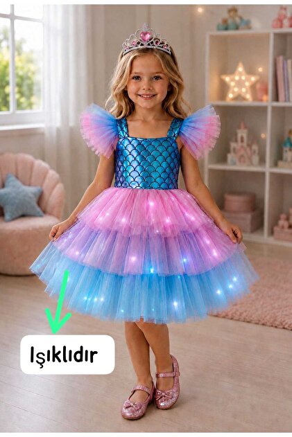 little mermaid light up dress Light Up Mermaid Tutu Shell Dress LED Halloween Little Costume Girl M 8-10 Fairy