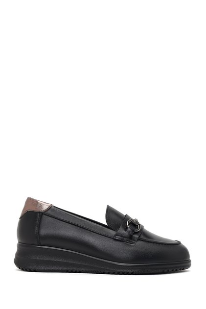 Kadın Siyah Tokalı Dolgu Topuklu Deri Ayakkabı, Comfort Loafer 26PFD411318