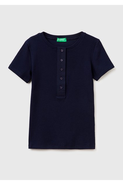 Women's Navy Blue Cotton Blend Round Neck T-Shirt with Button Detail on the Front