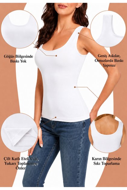 Women's Body-Fitting Pool Neckline Rope Strap Knitted Seamless Tank Top – Casual and Sports Use - White 2085