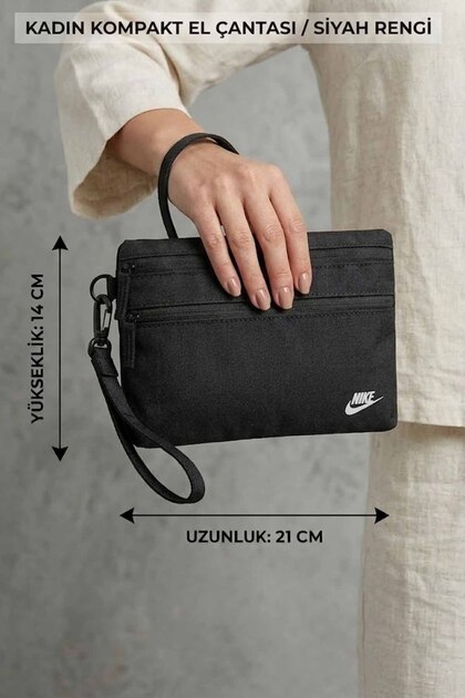 Nike Kadın Siyah Bölmeli Kumaş El Çantası Bilek Askılı 21x14 cm
