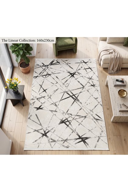 Vista %100 Akrilik Beyaz Gri Kesme Halı Yolluk Koridor Salon Halısı Geometrik Desenli