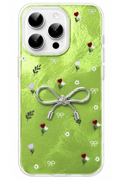 iPhone 14 Pro Max Case with Marbling Effect, 3D Bow and Floral Pattern, Raised Camera Cover