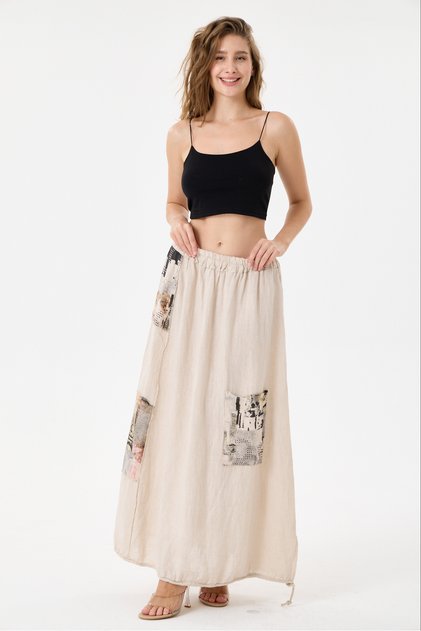 Beige Italian 100% Linen Long Linen Skirt with Elastic Waist, Sizes 38 - 44