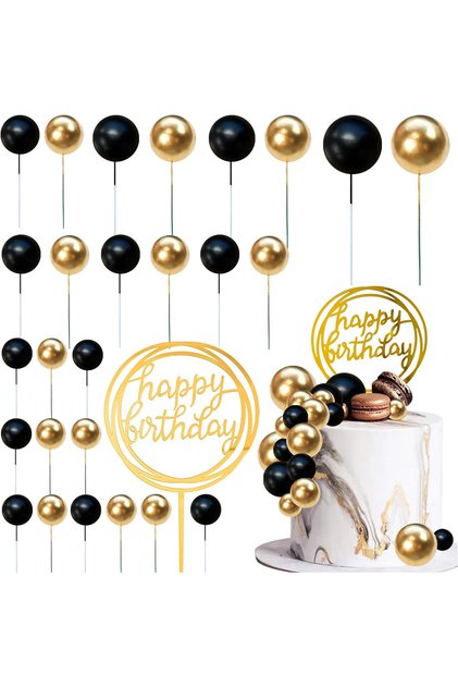 black gold 27pcs Pearl Balls Cake Topper Happy Birthday Cake Insert Pick DIYPile Up Insert for Birt