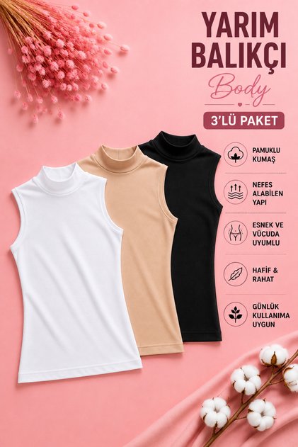 Kadın Yarım Balıkçı Yaka Tesettür Body 3'lüPaket Kolsuz Esnek Likralı Basic Günlük Body