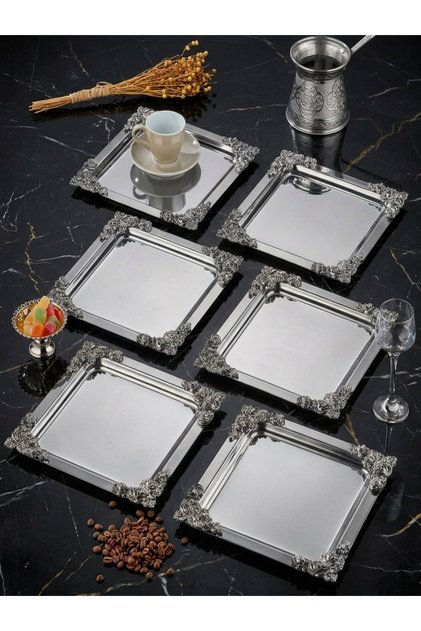 Stainless Steel Square Model 6 Pcs Silver Service and Presentation Tray with Four Corner Accessories