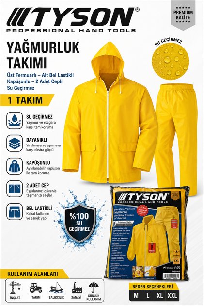 Yağmurluk Üst Fermuarlı Alt Bel Lastikli Kapüşönlü 2 Adet Cepli Su Geçirmez 1 Takım