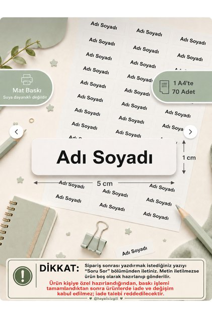Kişiye Özel İsim Etiketi Mat Baskı 5x1 cm 70 Adet A4 Okul İsim Etiketi