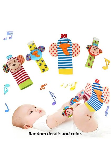 Monkey-Elephant 4pcs Baby Rattle Toys Cute Stuffed Animals Wrist Rattle Foot Finder Socks 0~24 Month
